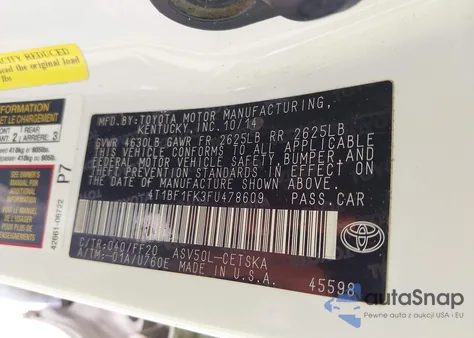 2015 Toyota Camry Se из США, поврежденный, VIN 4T1BF1FK3FU478609